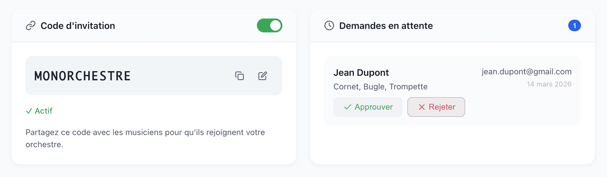 Gestion des membres de l'orchestre - Invitation et permissions par instrument